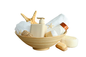 Bath accessories arranged in a wooden bowl, isolated on white, PNG