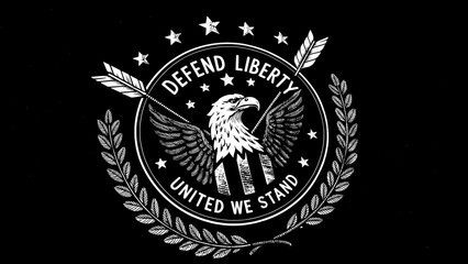 Fototapeta premium Design a patriotic black t-shirt featuring a stylized American eagle clutching arrows and an olive branch, set within a star-bordered circle, with 