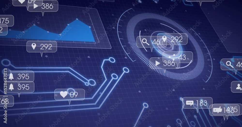 Poster opening on dark blue grid pulsing gauge chart shifting icons popping fading for showing metrics