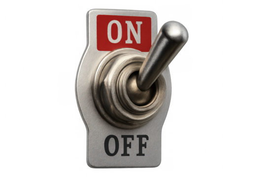 Metallic toggle switch flipping to on position, symbolizing power control against transparent backdrop, highlighting electrical activation concept