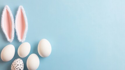 easter bunny ears white eggs on isolated pastel background with copyspace