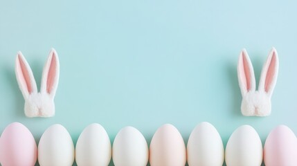 easter bunny ears white eggs on isolated pastel background with copyspace