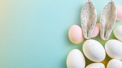 easter bunny ears white eggs on isolated pastel background with copyspace
