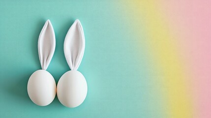 easter bunny ears white eggs on isolated pastel background with copyspace