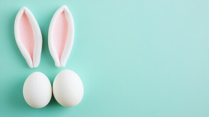 easter bunny ears white eggs on isolated pastel background with copyspace