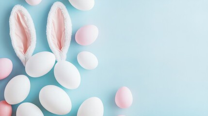 easter bunny ears white eggs on isolated pastel background with copyspace