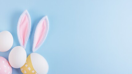easter bunny ears white eggs on isolated pastel background with copyspace