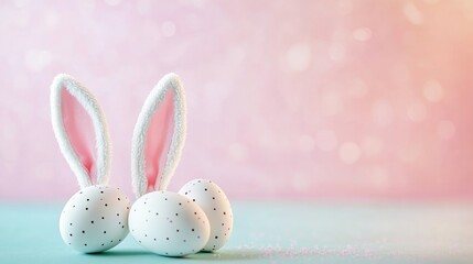 easter bunny ears white eggs on isolated pastel background with copyspace
