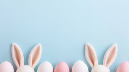 easter bunny ears white eggs on isolated pastel background with copyspace