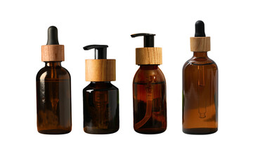 Amber glass bottles with wood accents, isolated on white, PNG