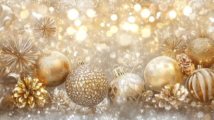 Golden christmas ornaments and decorations with bokeh lights on transparent background