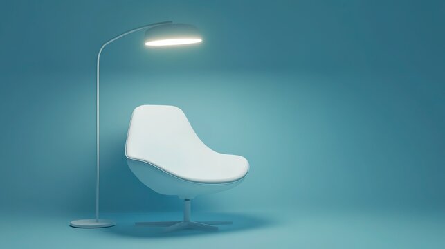 Minimalist interior scene with white modern armchair and arc floor lamp against light blue background, creating a simple and quiet atmosphere.