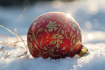 Red christmas ornament with gold design in snow outdoors on transparent background