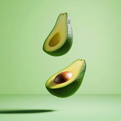 Creative display of two avocado halves, one with pit and one without, floating against light green background, showcasing fresh and innovative fruit presentation.