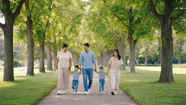 A multi-generational family walking in a park, symbolizing family bonding, outdoor leisure, and togetherness.