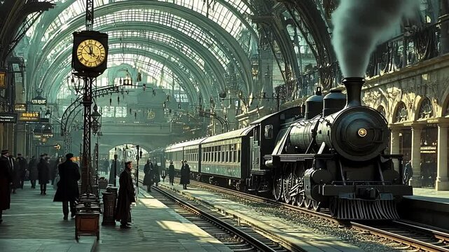 Vintage steam train at bustling historic station