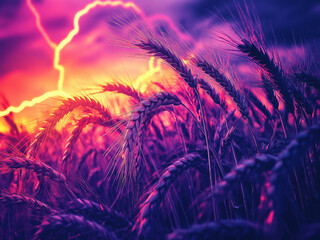 Close-up of wheat ears glowing under neon lightning, blending nature with surreal electric light tones.