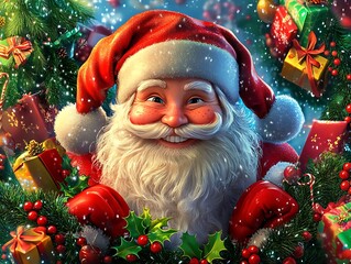 A jolly santa claus surrounded by christmas decorations on transparent background