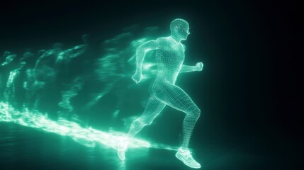 Wireframe man running, glowing energy trail.