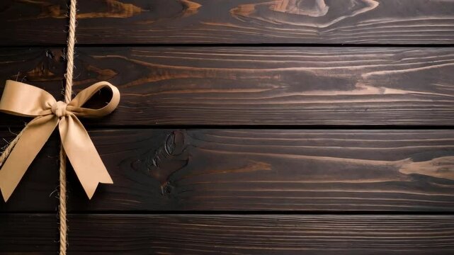 Beige ribbon and twine on a dark stained wood background creates a rustic gift wrapping aesthetic.