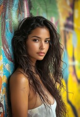 A young woman with long, dark hair, wearing a white top, standing in front of a colorful, graffiti-covered wall.