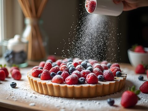 Creating a sweet masterpiece with powdered sugar and fresh berries on a tart in a cozy kitchen