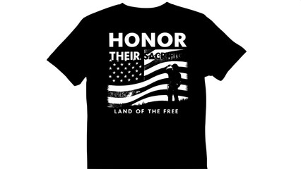 Create a black t-shirt design with a vintage-style American flag waving behind a silhouette of a saluting soldier, bold text reading "HONOR THEIR SACRIFICE" above and "LAND OF THE FREE" below in red, 