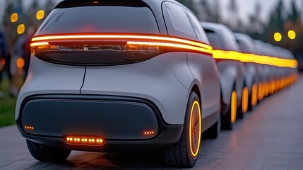 Obraz premium Futuristic Silver Cars with Orange Lights Driving at Night
