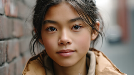 Portrait of young girl with clear skin and subtle acanthosis nigricans features, standing outdoors by brick wall, natural light enhances her calm and confident expression