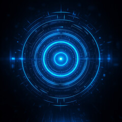AI generated sci fi energy ring with layered neon blue holographic interface detailed digital markings bright core advanced technology precision and limitless digital power
