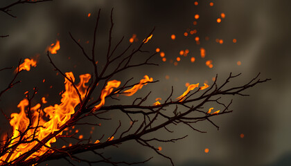 Close-up of burning tree branches during a wildfire, glowing embers flying in the air, dark smoke in the background