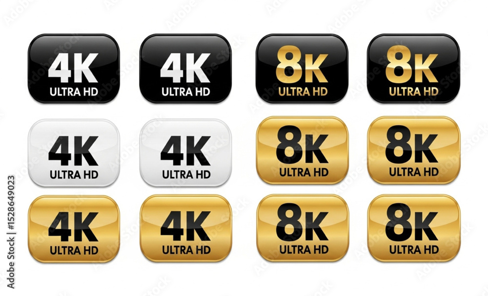 Fototapete 4k and 8k ultra hd resolution icons set | black white gold glossy buttons for high definition video 