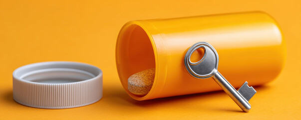 Anti drug day concept with yellow pill bottle, metal key, and tablet on orange background symbolizing access, prevention, and awareness for health and safety initiatives