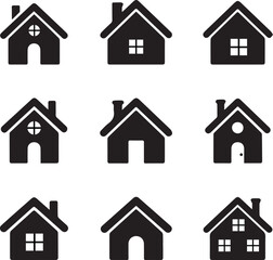 Collection of nine simple house icons in black and white vector format