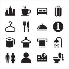 Hotel and Travel Amenities Icon Set in Black and White Vector