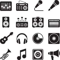 Set of Black and White Music Icons for Design and Illustration
