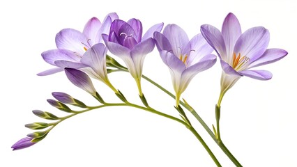 A graceful cluster of purple Freesia blooms in various stages of opening, showcasing their delicate petals and long green stems against a crisp white background.