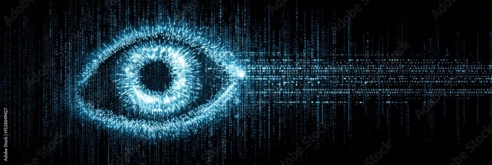 Poster Glowing Abstract Digital Eye Symbol Surrounded by Blue Matrix Pattern With Blank Right Zone