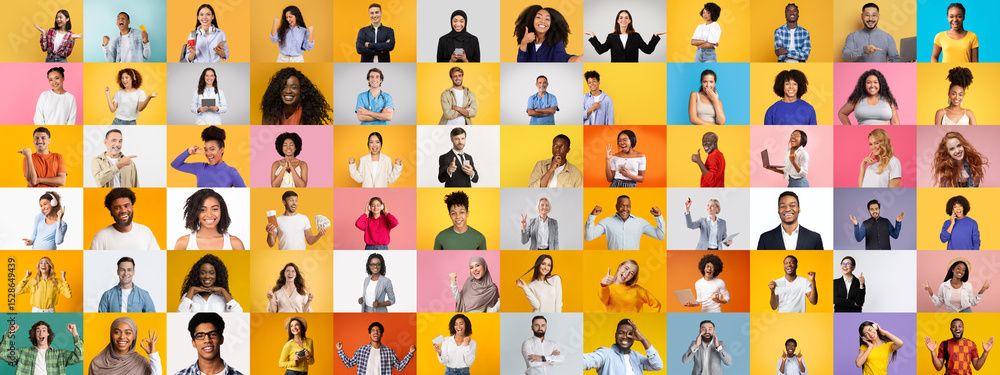 Poster a dynamic collage showcasing a diverse group of individuals happily engaging in various activities. 