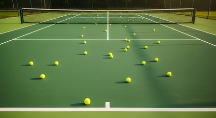 Tennis Balls on Court Training Scene