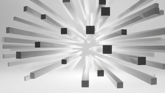 Abstract grayscale image of numerous rectangular prisms radiating outwards from a central point, creating a dynamic, three-dimensional effect.  Some prisms are darker, suggesting depth and shadow