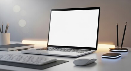 Fototapeta premium Blank screen laptop on white desk mockup stylish modern workplace workspace featuring a neutral background laptop with modern accessories for design and marketing purposes