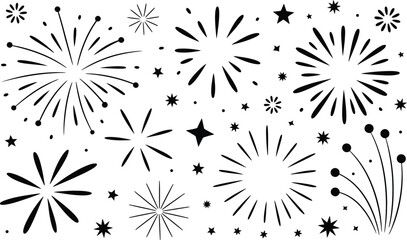 Hand-drawn black and white firework bursts and starburst shapes for festive design elements