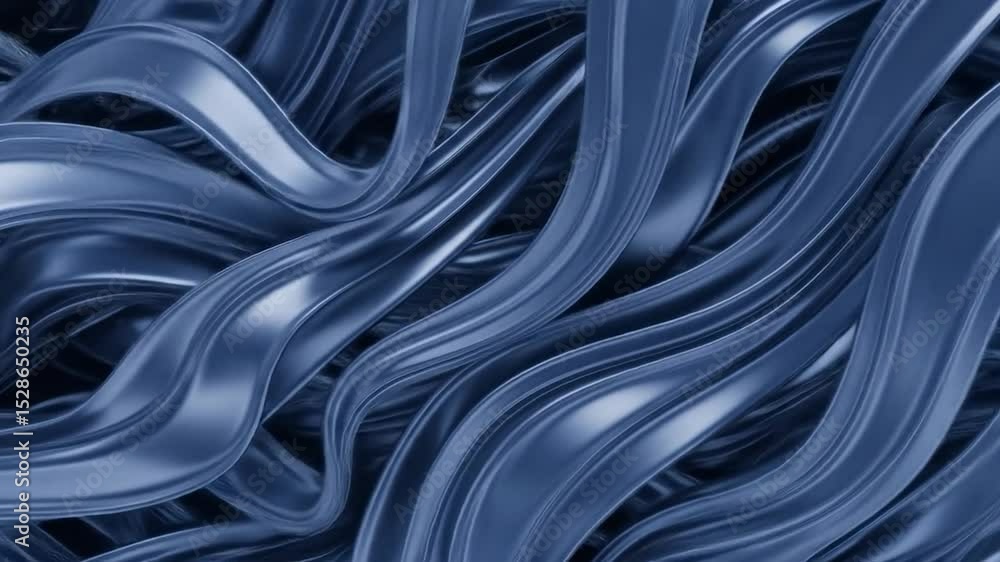 Poster abstract image of numerous deep blue, metallic, flowing, and wavy ribbons creating a complex, interw