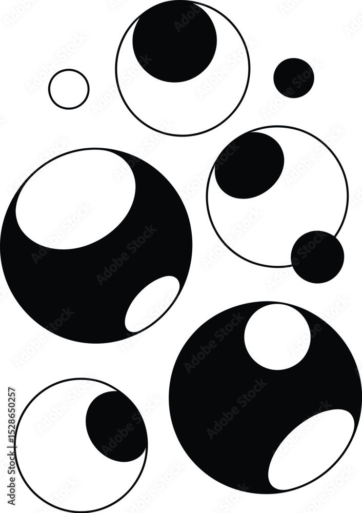 Poster abstract black and white circle shapes scattered on a white background with contrasting patterns.