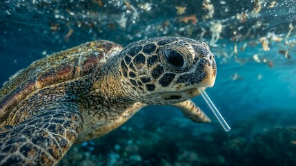 Fototapeta premium Choking on Plastic: A Sea Turtle’s Struggle in a Polluted Ocean