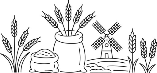 Simple black and white illustration of wheat fields and windmill depicting agriculture and farming