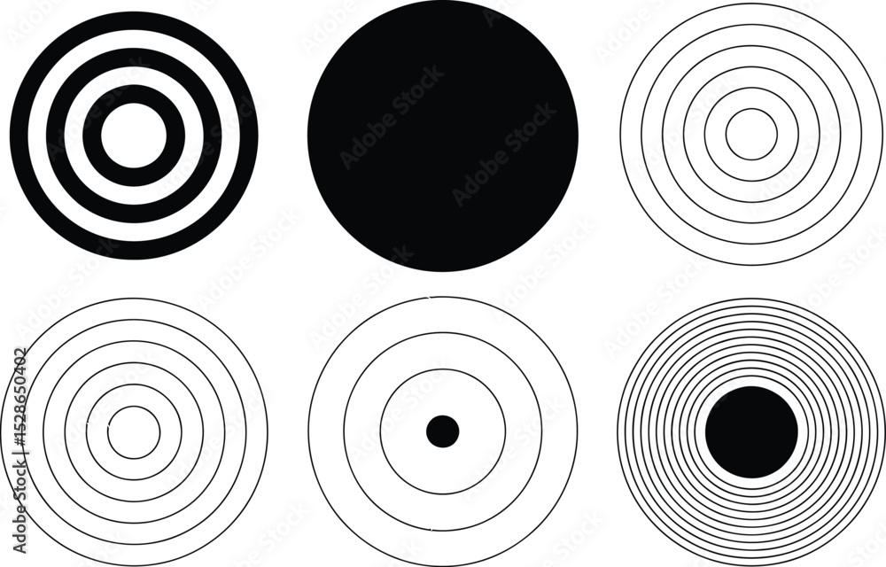 Poster concentric circles in different styles and designs representing targets and geometric patterns