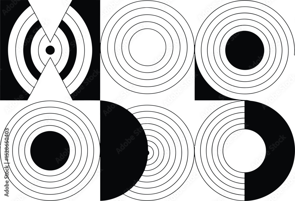 Poster abstract black and white geometric pattern featuring concentric circles in a minimalist design.