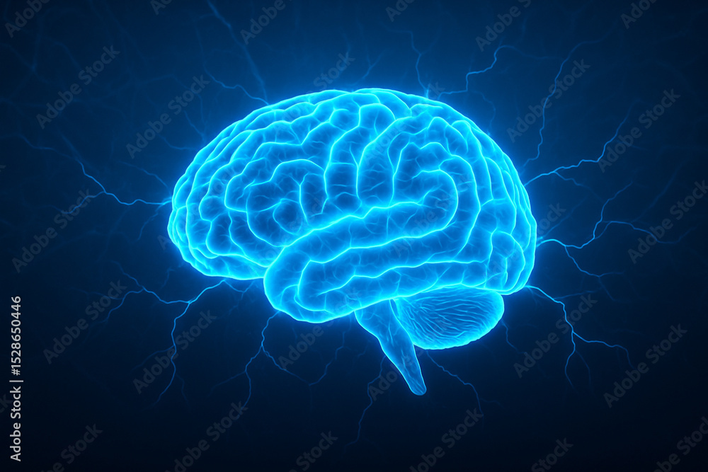 Aufkleber ai generated sci fi brain glowing in neon blue with electric energy and lightning effect representin